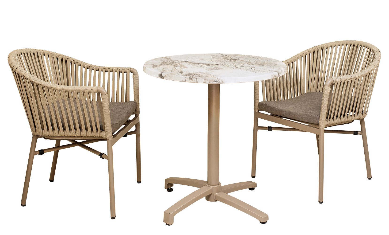 Ramila-macchiato_Nora-Clap-Taupe_Gruppe_1000px Ramila Macchiato mit Tischgestell Nora-Clap Taupe und Werzalit-Tischplatte Dekor Marmor Almerá