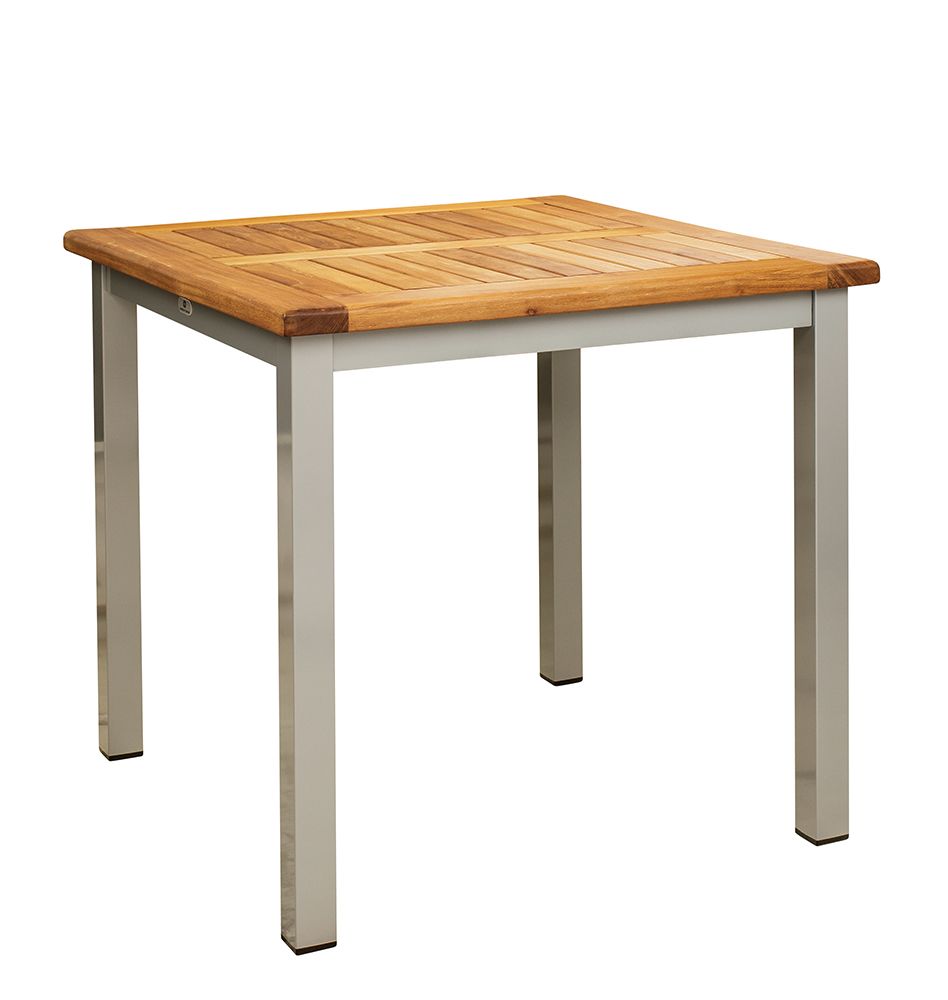 Lexo-Silber-80x80cm_TP_Teak_vorne_1000px Anwendungsbeispiel mit Tischplatte aus Teakholz